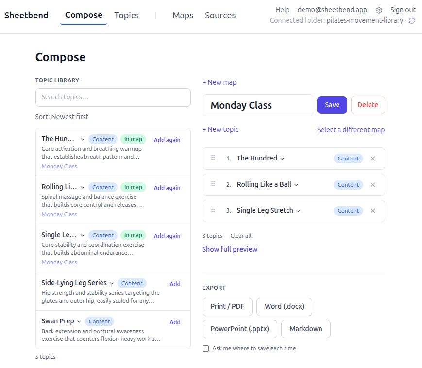 A screenshot from Sheetbend showing several Pilates topics arranged for a short training session