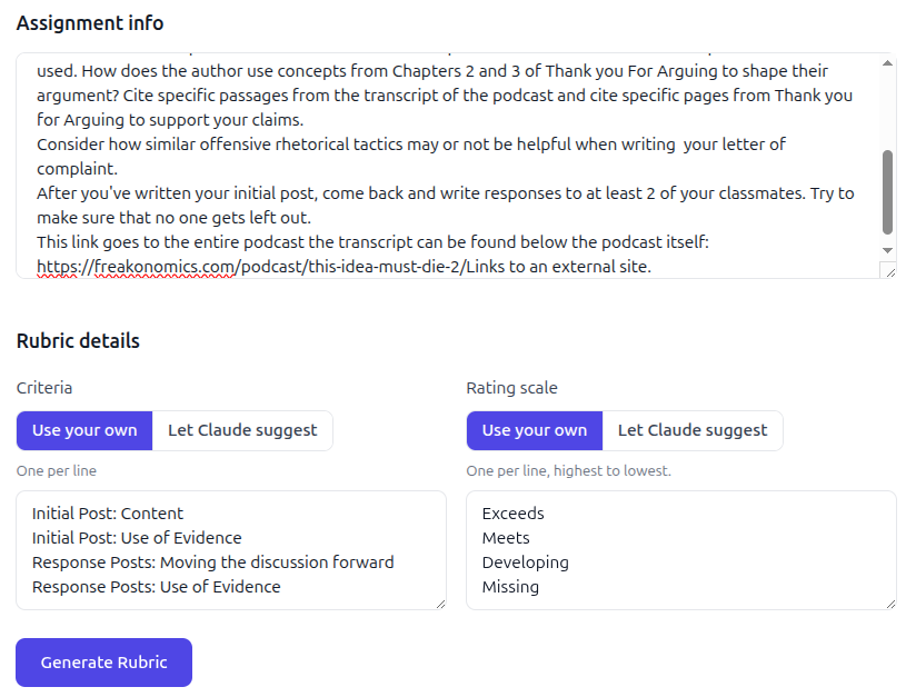 The results of the rubric generator. Each criterion and rating level is filled in with AI generated descriptions.