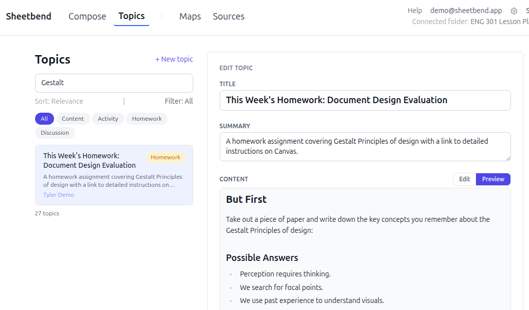 A single topic shown as a preview in Sheetbend