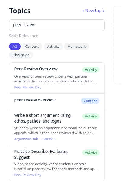 A screenshot showing the topic search function in Sheetbend